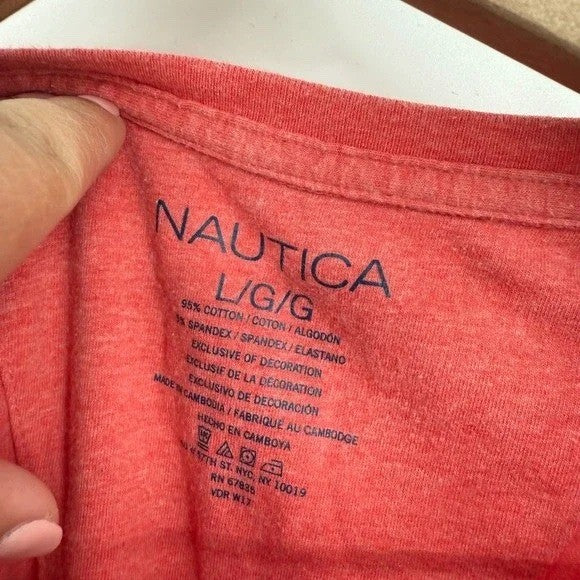 Nautica Mens Large Heather Red Cotton Spandex Short Sleeve Crew Neck Logo Tee