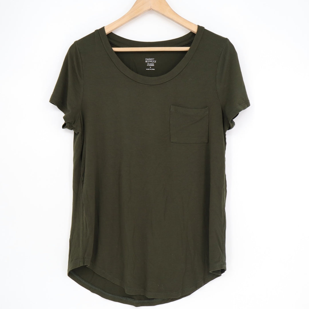 Market Spruce T-Shirt Womens M Olive Green Short Sleeve Front Pocket Crew Neck