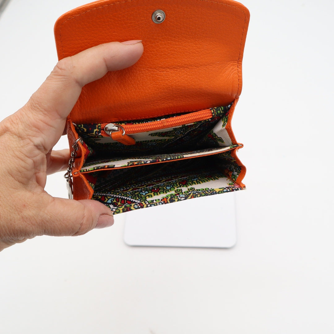 Tula Orange Pebbled Leather Trifold Wallet Paisley Interior Keychain Clip