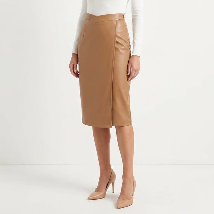 Shein Curve Camel Tan Faux Leather Midi Pencil Wrap Skirt 0XL