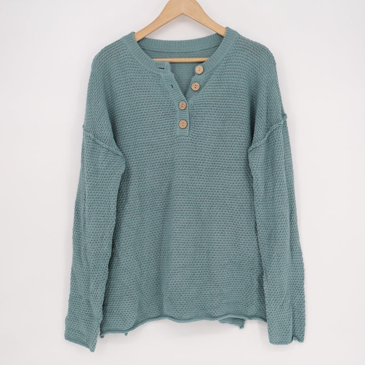 Sweater Womens Medium Teal Waffle Knit Long Sleeve Henley Neck Pullover