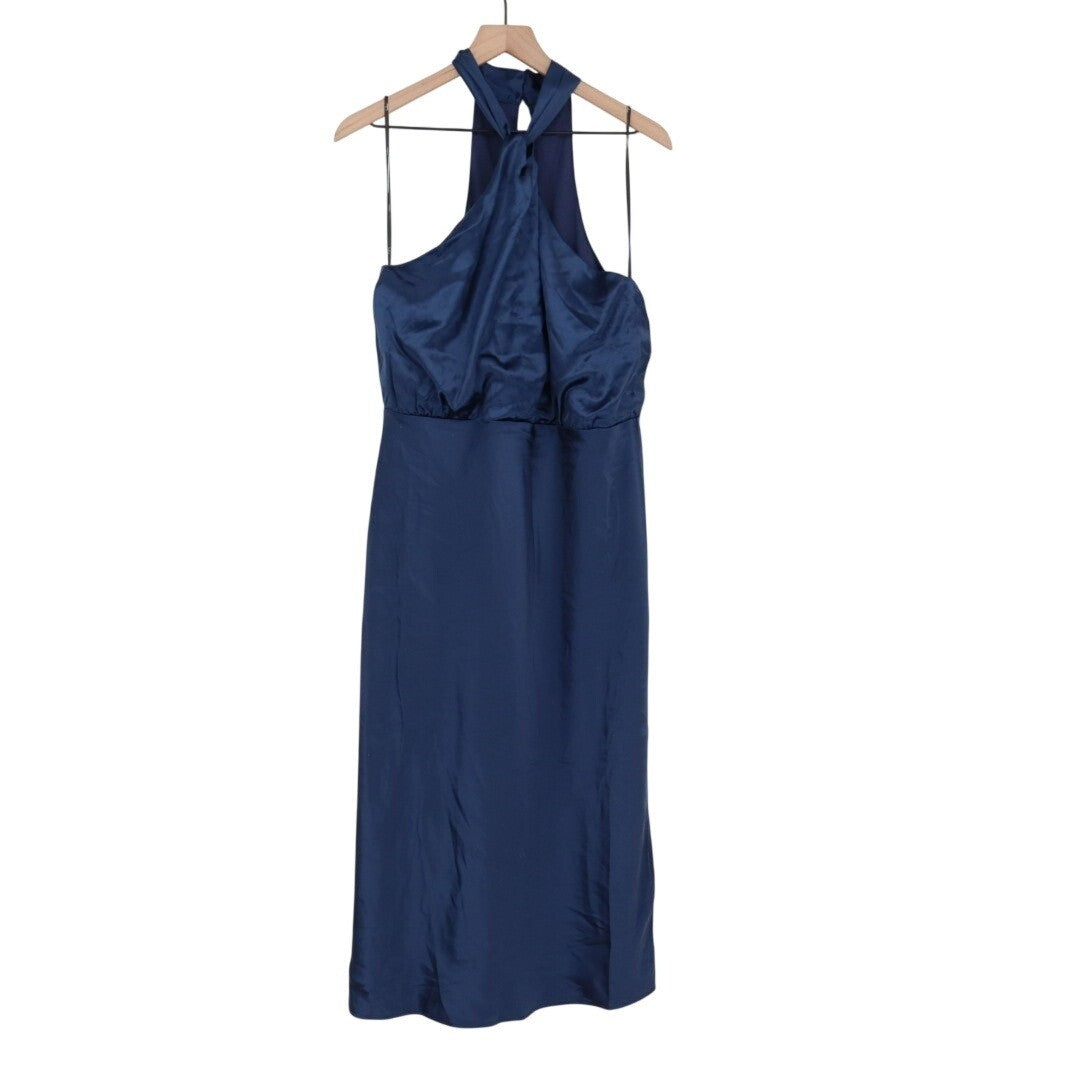 Lulus Jacey Midi Dress Womens XL Navy Stretch Halter Neck Side Slit Back Zip