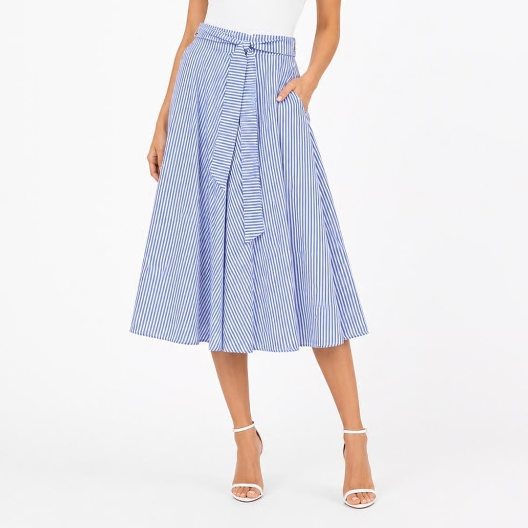 Reserved Eco Aware Blue White Striped A-Line Midi Skirt Tie Waist Womens Size 6