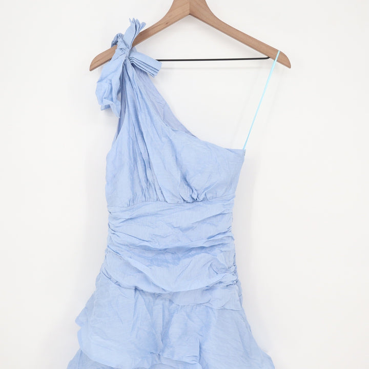 Showpo Eugenia Midi Dress One Shoulder Ruffle Tiered Pale Blue Size 4