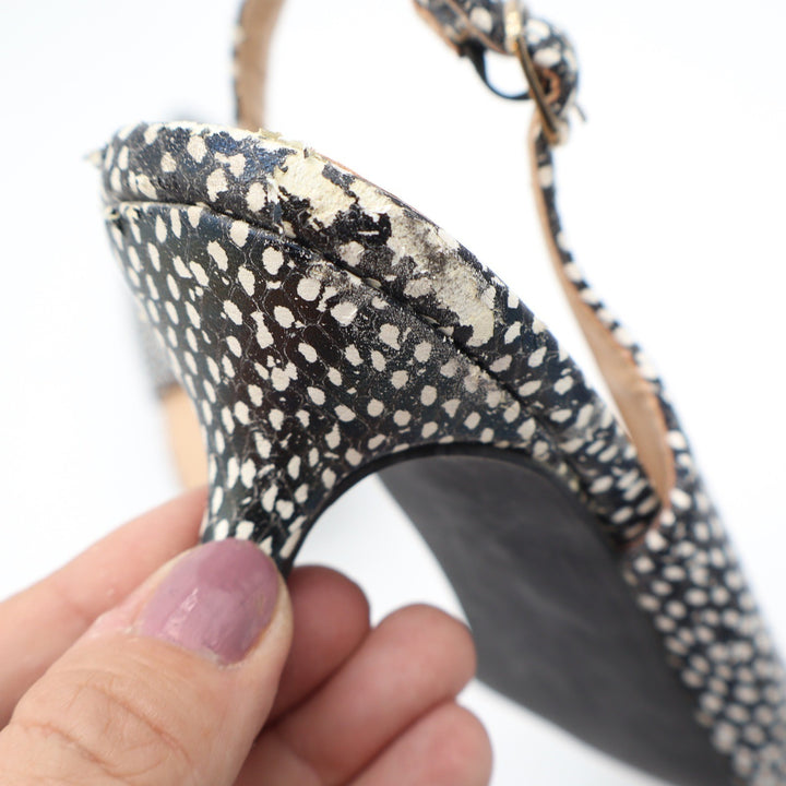 JustFab Mariona Black White Textured Slingback Kitten Heels Size 8.5 Pointed Toe