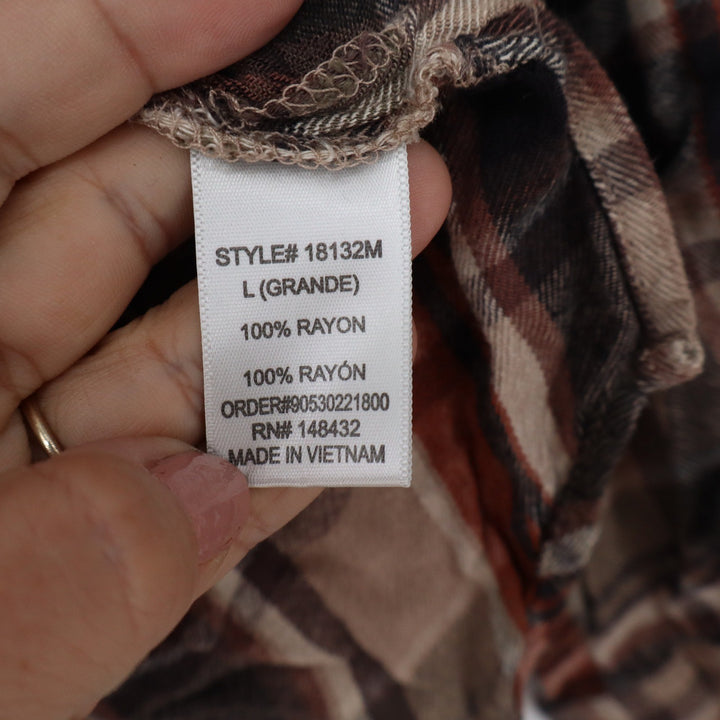 Impressions Brown Tan Plaid Rayon Button Down Shirt Womens Large Long Sleeve