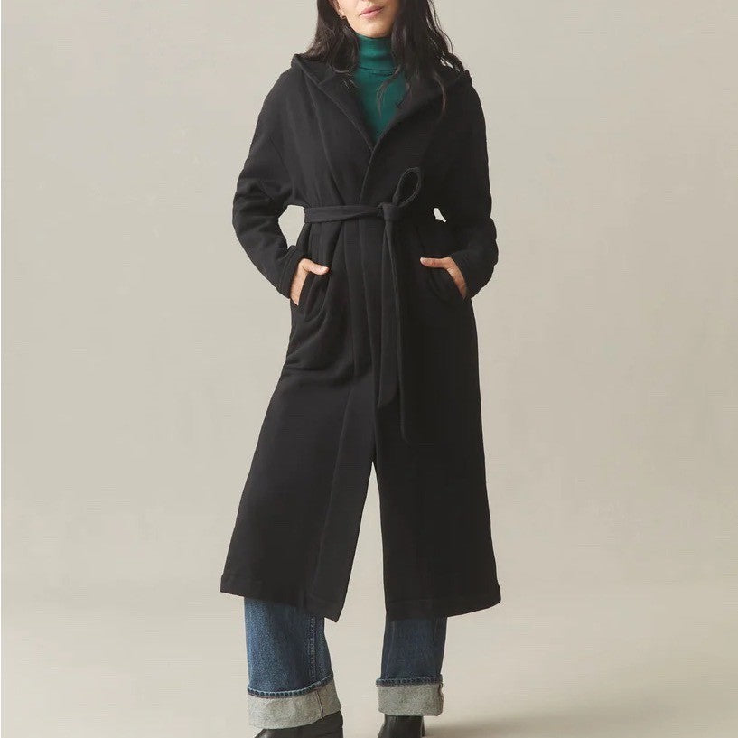 American Giant Fleece Long Coat Women M/L Black Cotton Hooded Pockets Waist Belt