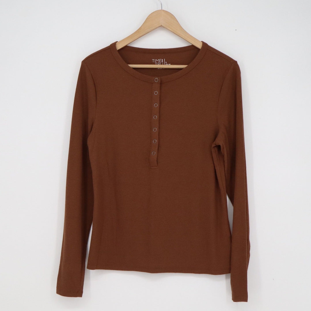 Time and Tru Womens Brown Ribbed Long Sleeve Henley Top Size L 12-14