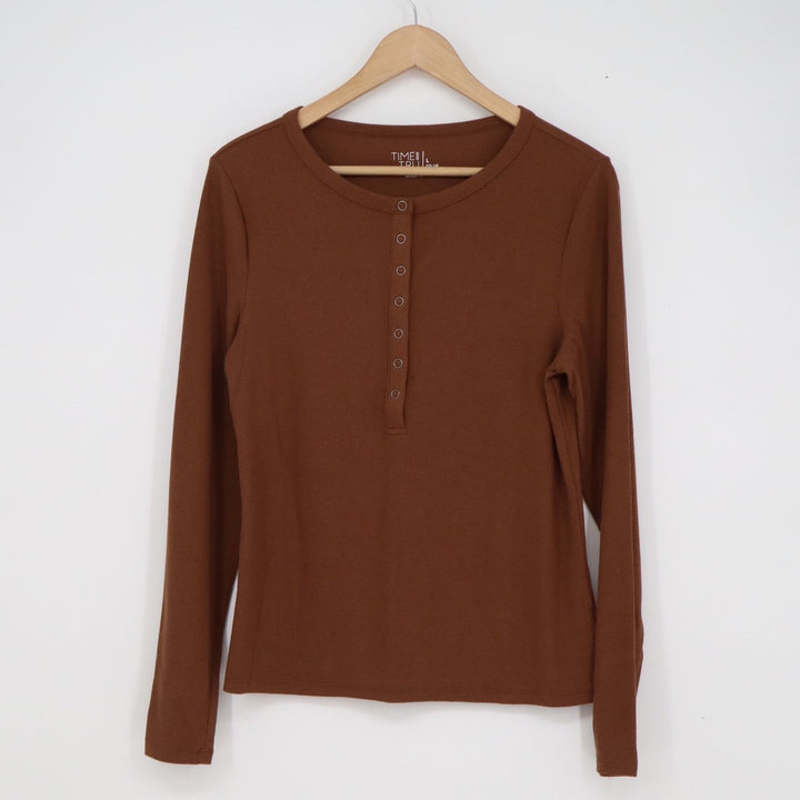Time and Tru Womens Brown Ribbed Long Sleeve Henley Top Size L 12-14