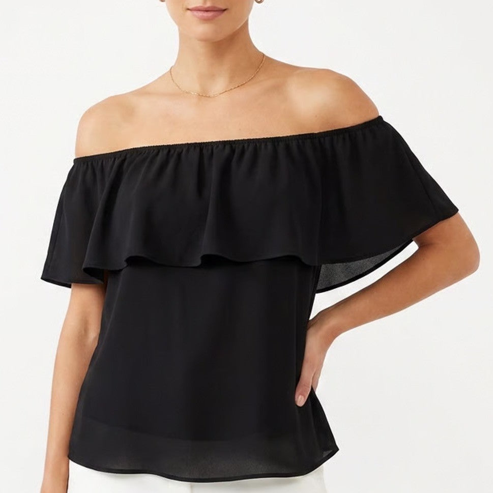 Black Strapless Ruffle Overlay Tube Top Minimalist Flowy Blouse