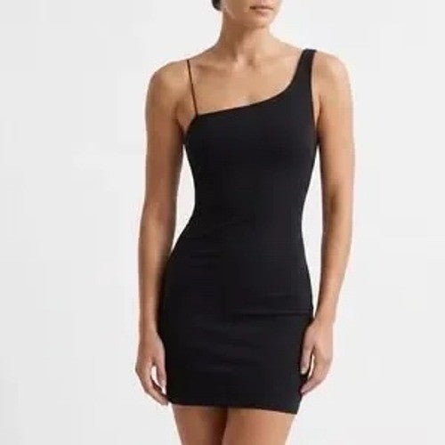 Naked Wardrobe Black Ribbed One Shoulder Mini Bodycon Dress Medium