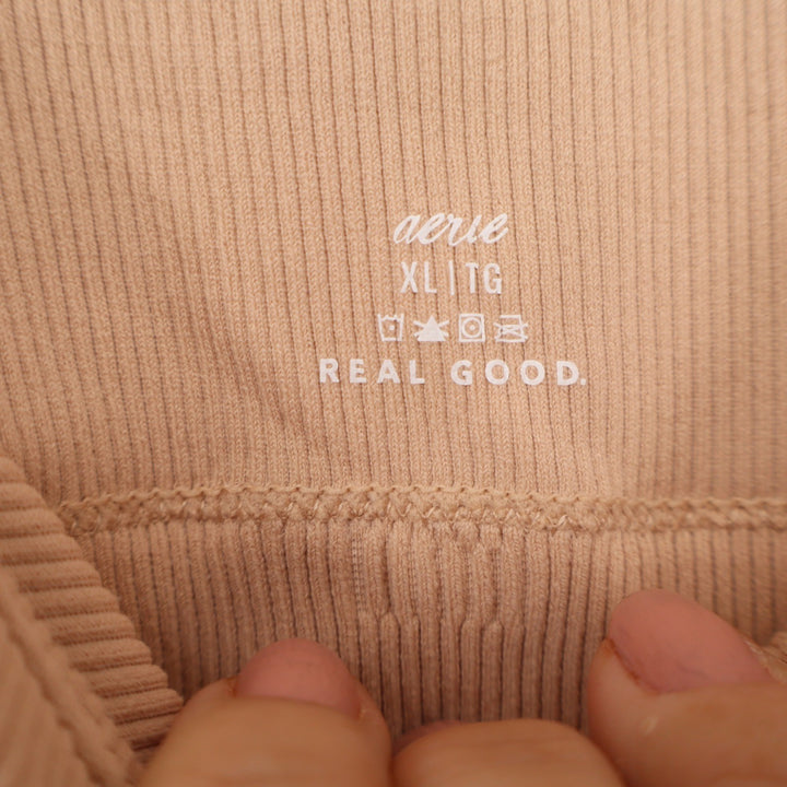 Aerie Real Good Ribbed Seamless Sports Bra Tan Nude Square Neck XL