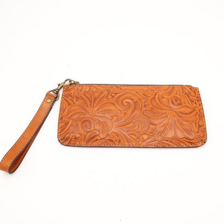 Patricia Nash Tan Tooled Leather Floral Wristlet Zip Wallet