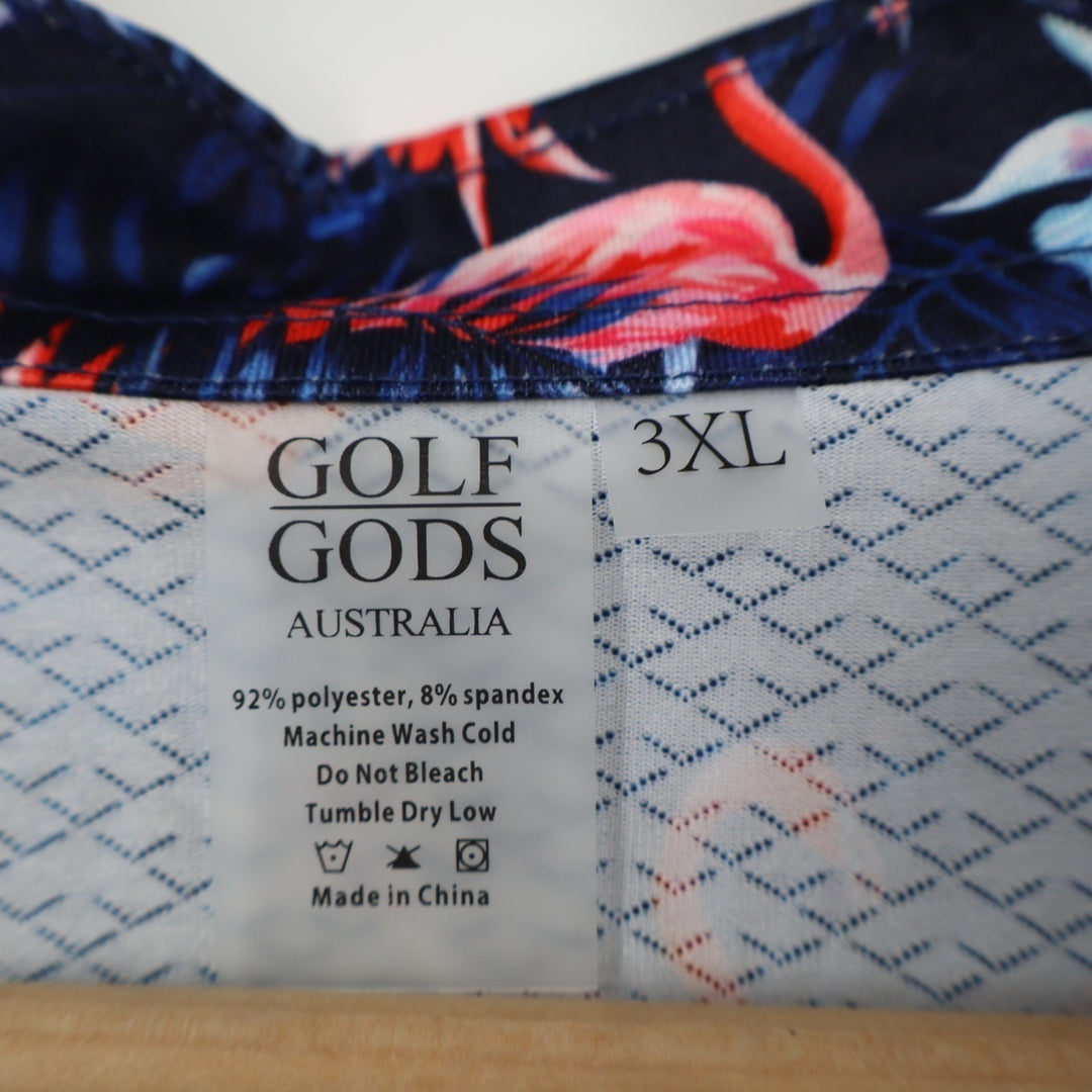 Golf Gods Polo Shirt Mens 3XL Blue Tropical Flamingo Short Sleeve Performance