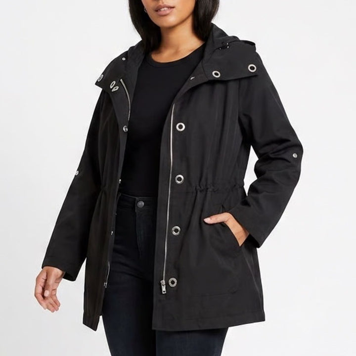 Style&Co Windbreaker Jacket Women Medium Black Full Zip Hooded Cinched Waistline