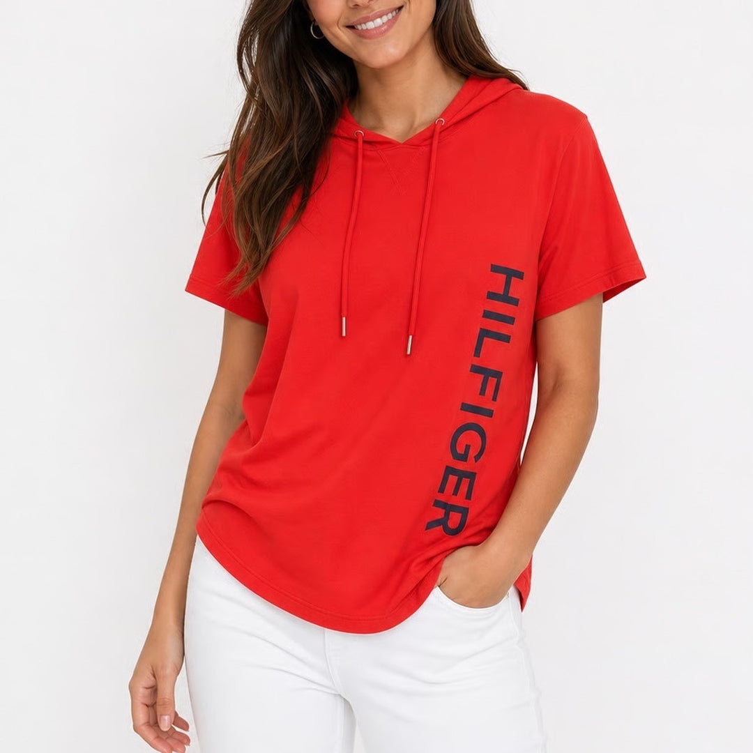 Tommy Hilfiger Sport Womens Red Short Sleeve Hoodie Side Logo Shirt Size M