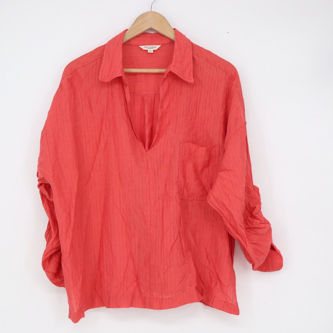 Max Studio London Coral Red Textured V-Neck Blouse XL Relaxed Fit Top