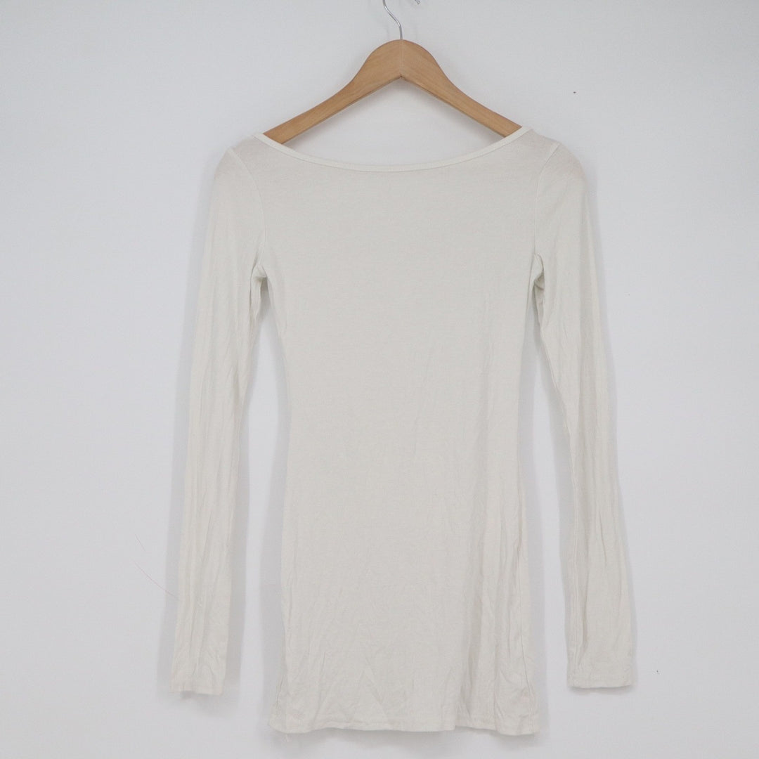 YK Off White Cream Scoop Neck Long Sleeve Slim Fit Top Size XS/S
