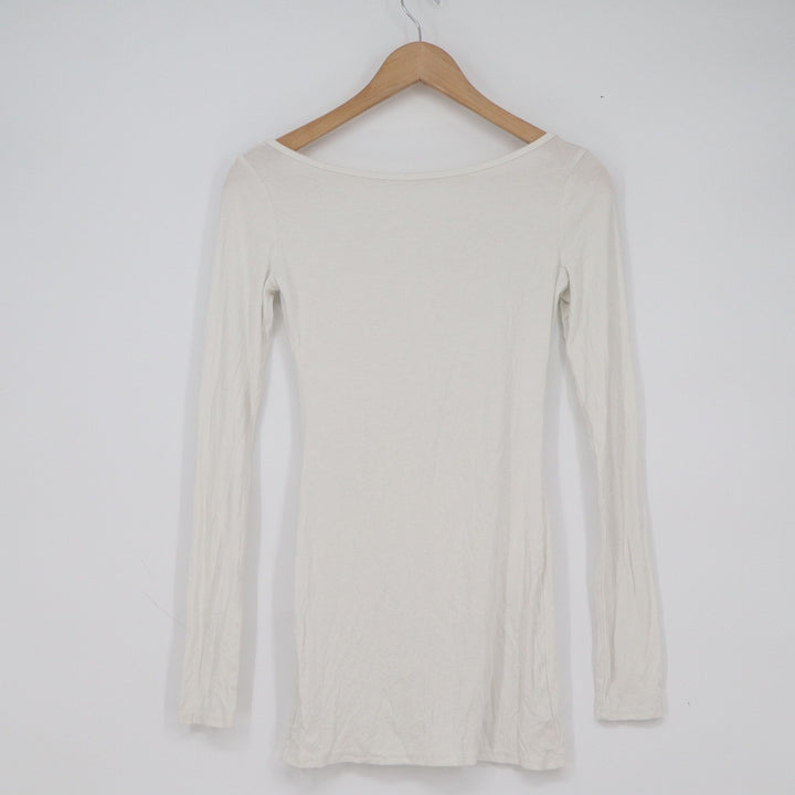 YK Off White Cream Scoop Neck Long Sleeve Slim Fit Top Size XS/S
