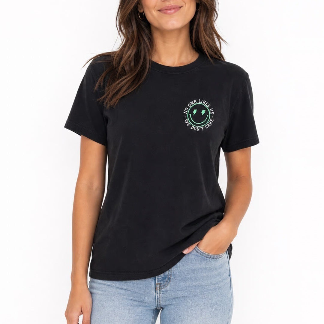 No One Likes Us We Dont Care Graphic T-Shirt Black Smiley Face Lightning Bolt L