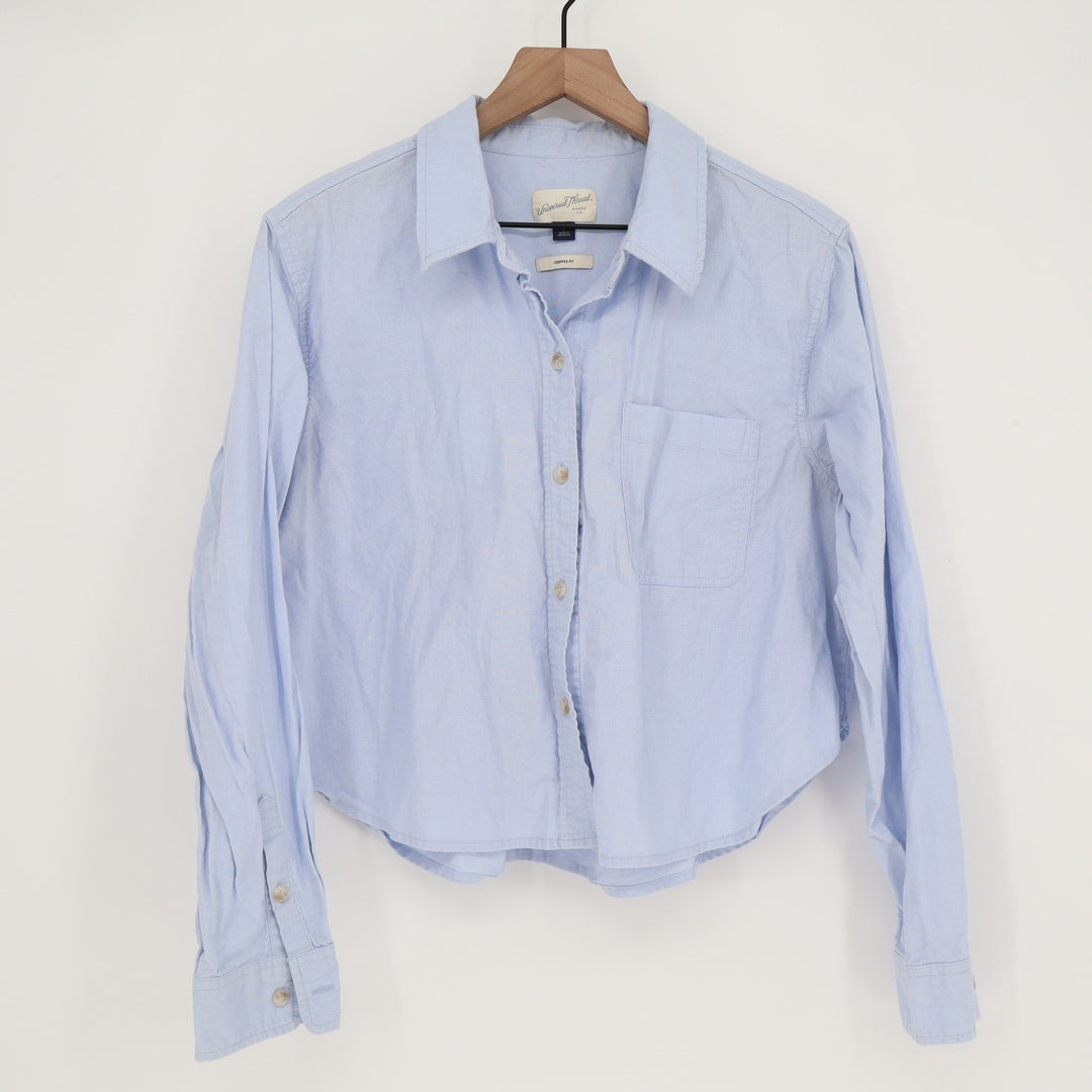 Universal Thread Womens Light Blue Cotton Linen Cropped Button Down Shirt L
