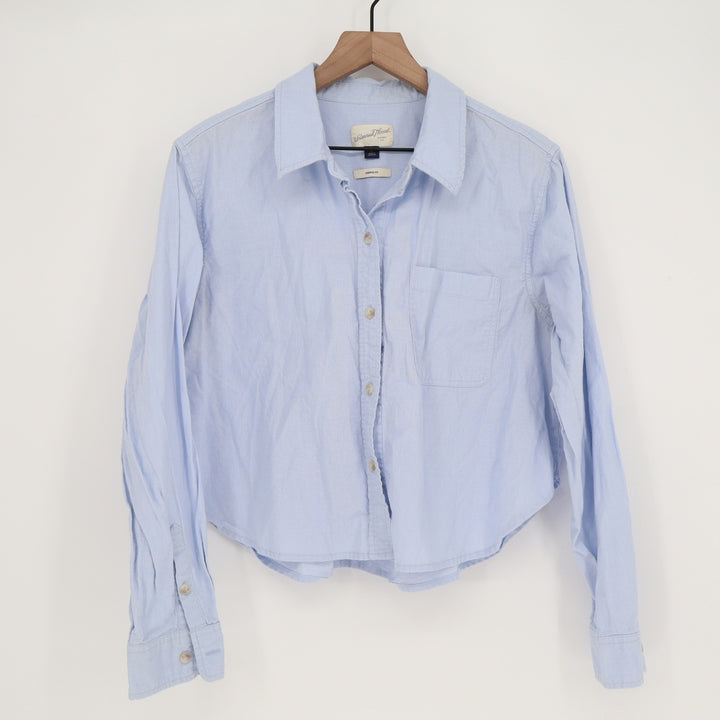 Universal Thread Womens Light Blue Cotton Linen Cropped Button Down Shirt L