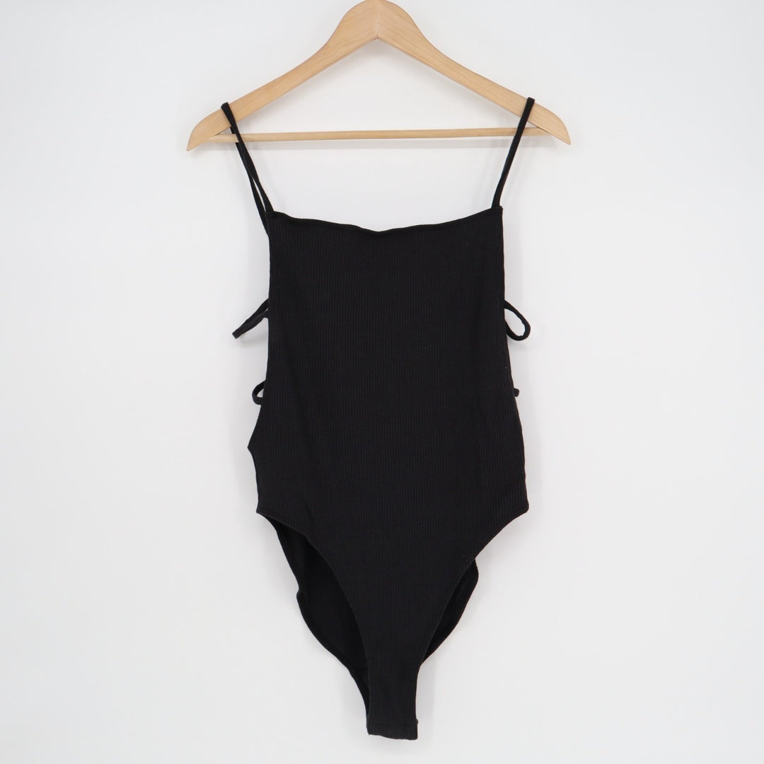 Out From Under Bodysuit Womens L Black Stretch Knit Cut Out Back Spaghetti Strap