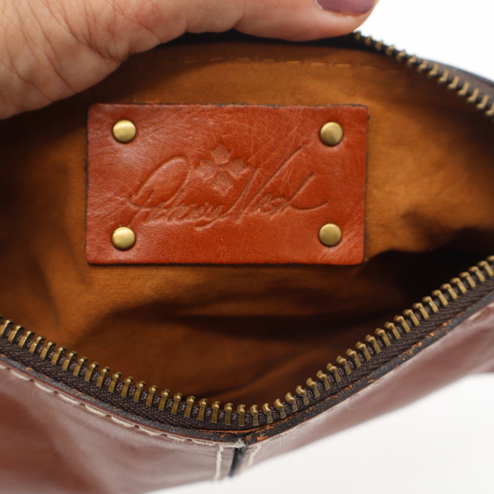 Patricia Nash Tan Leather Cosmetic Pouch Pencil Case Contrast Stitching