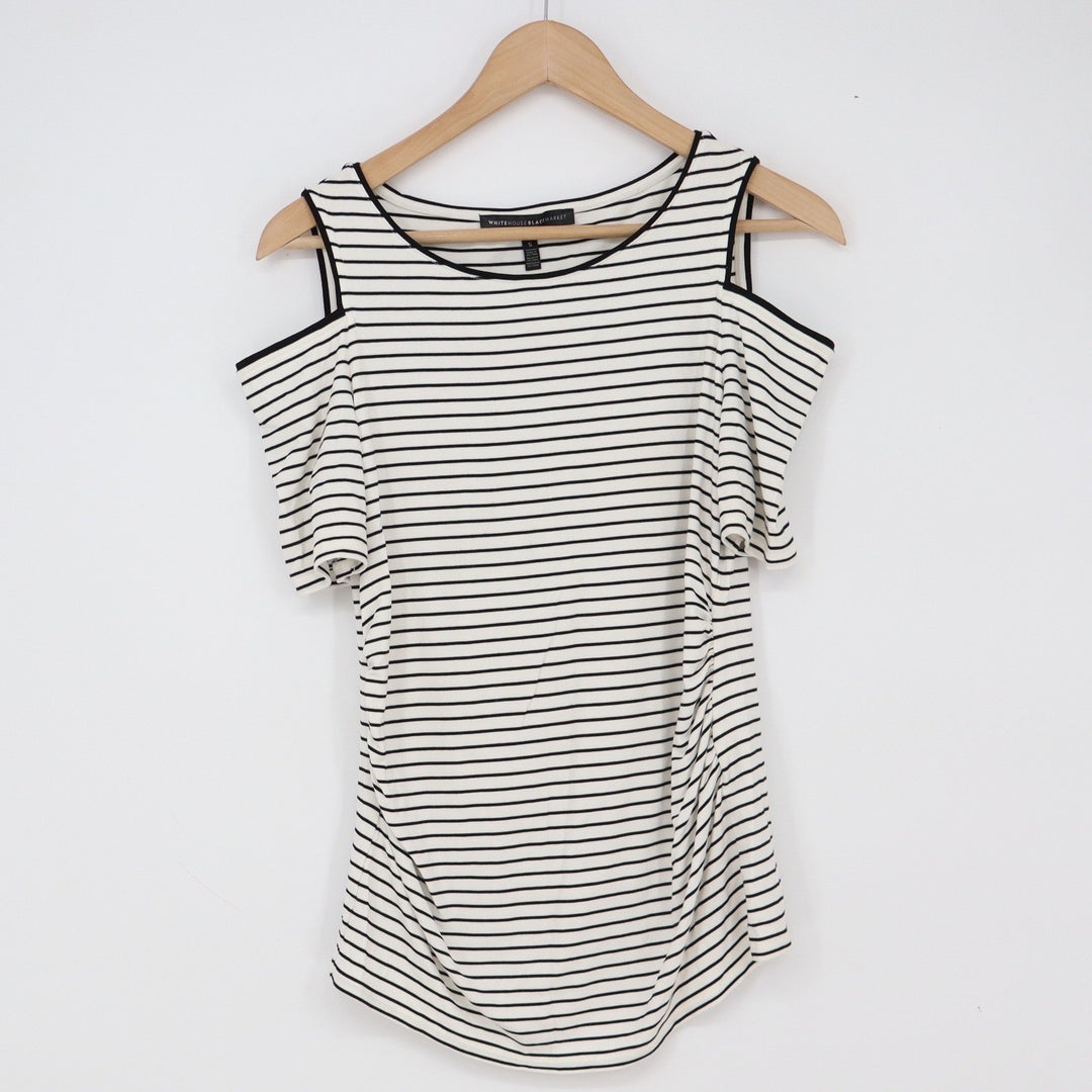 White House Black Market Top Womens S Cold Shoulder White Black Striped