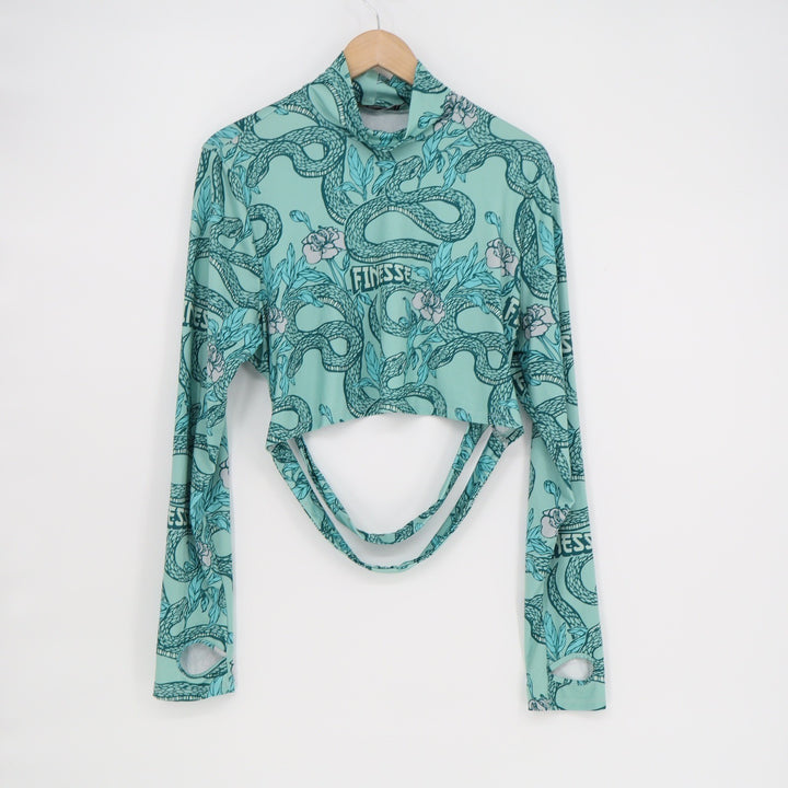 Finesse Mint Green Snake Floral Graphic Mock Neck Strappy Back Crop Top 1X