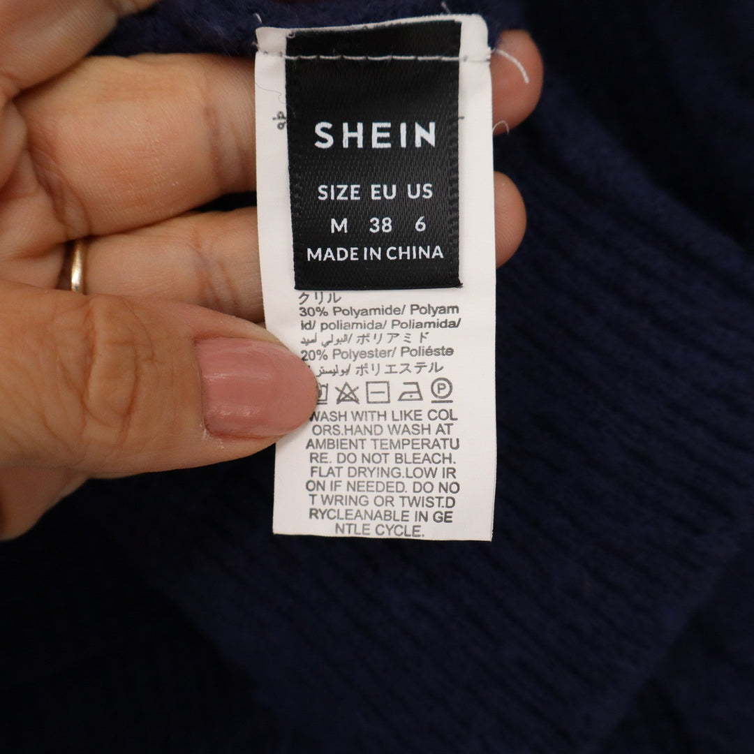 SHEIN Navy Blue Cable Knit Cropped Cardigan V-Neck Button Front Sweater Size M