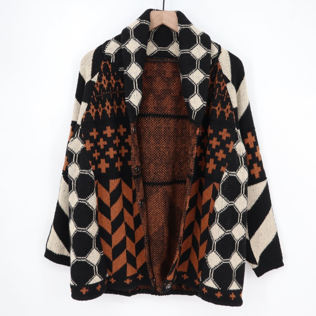 Cardigan Sweater Womens One Size Multi Geometric Knitted Shawl Collar Snap Front