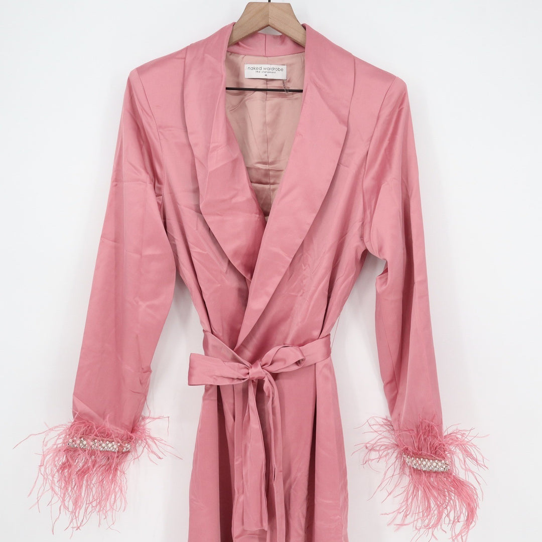 Naked Wardrobe The Statement Blush Pink Feather Trim Pearl Duster Robe M