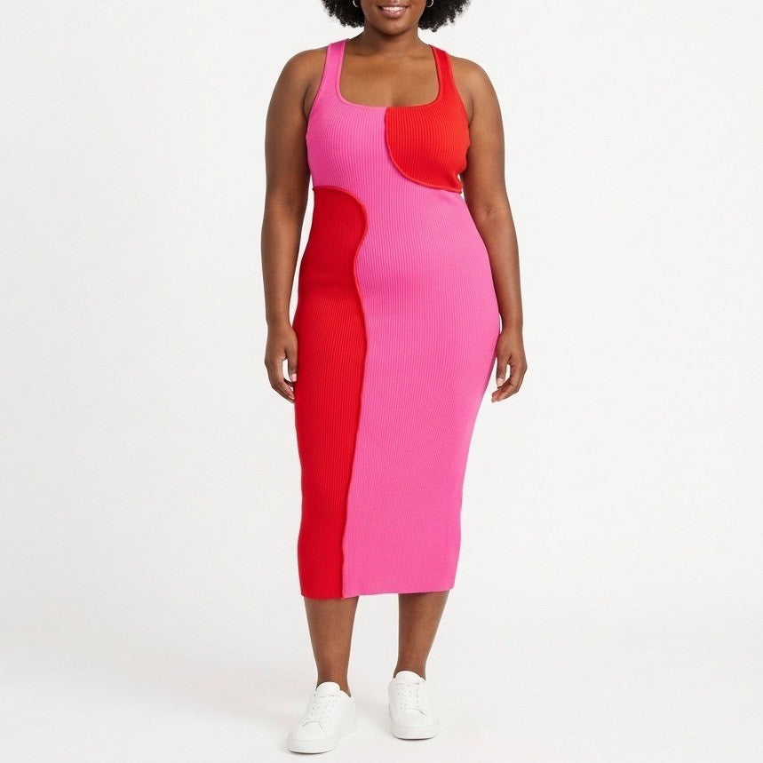 Naked Wardrobe Pink Red Colorblock Ribbed Midi Dress XL Bodycon Racerback