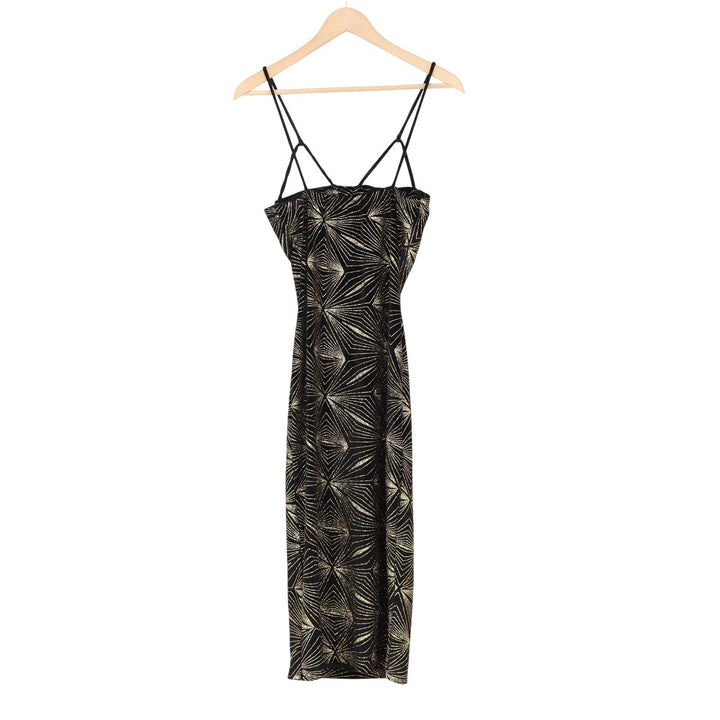 Codigo Black Gold Glitter Sunburst Multi Strap Bodycon Midi Dress Large