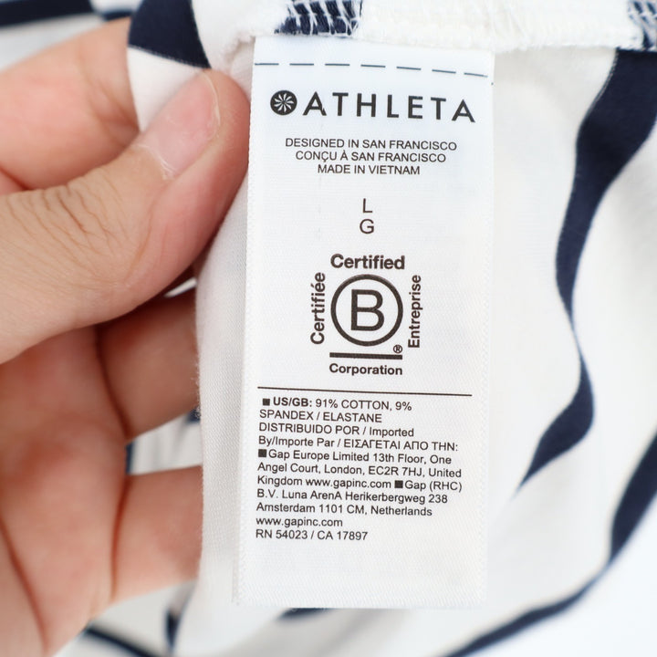 Athleta T-Shirt Dress Women L White Blue Striped Crew Neck Short Sleeve Pullover