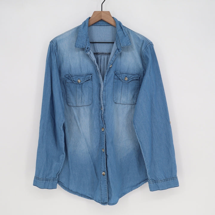 Blue Chambray Cotton Button Down Shirt Long Sleeve Chest Pockets XL
