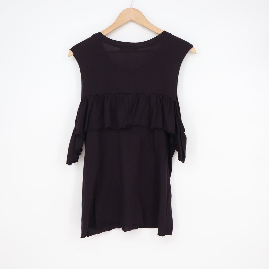 Truly Madly Deeply Black Ruffle Cold Shoulder Top Medium Scoop Neck Cotton Modal