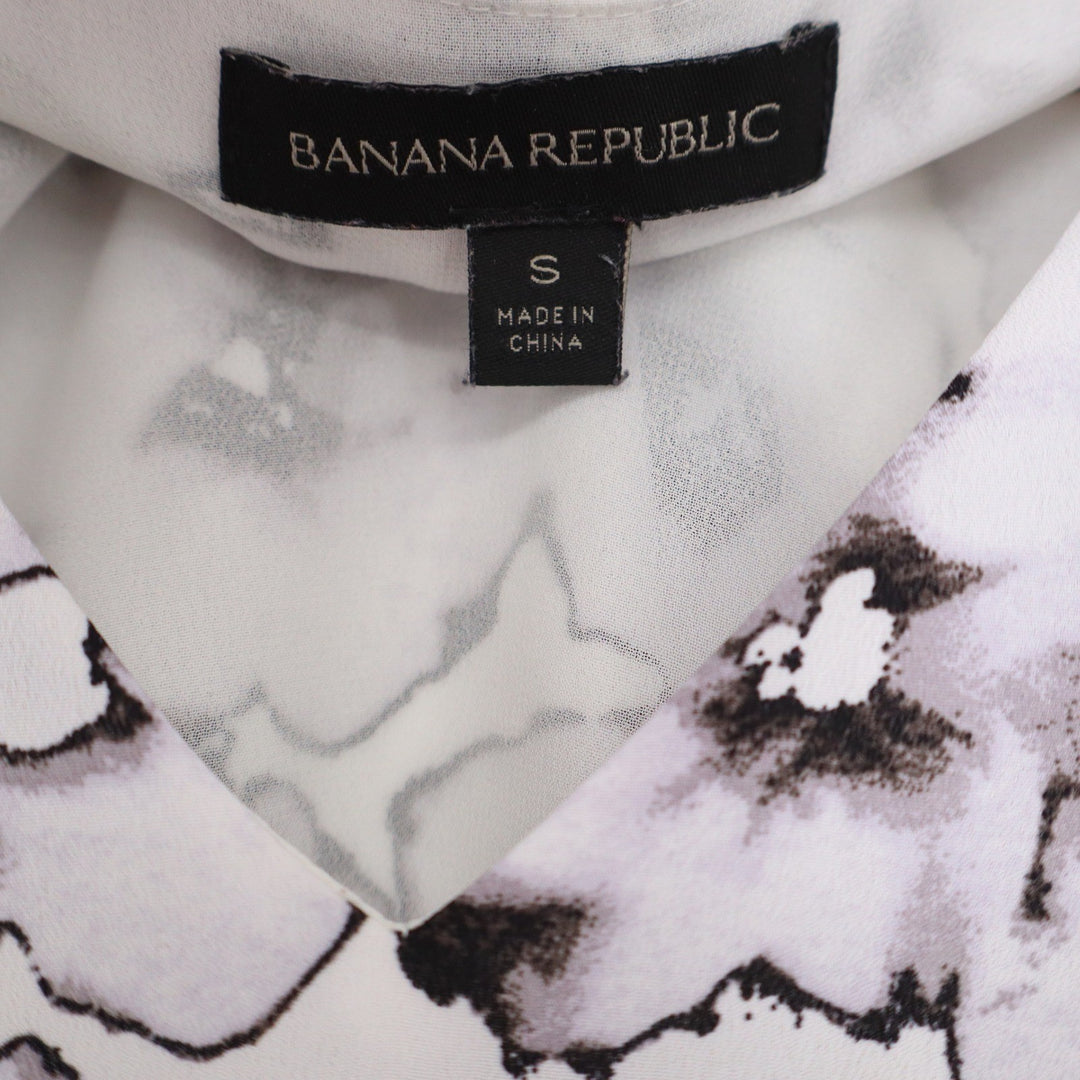 Banana Republic Womens Floral V-Neck Blouse Tiered Flutter Sleeve White Grey S