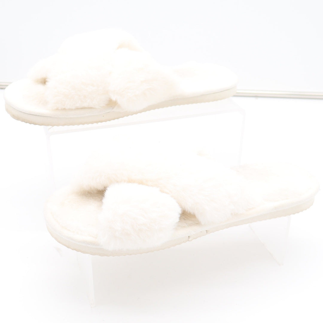 White Faux Fur Cross Strap Slide Slippers Women Size 42/43 House Shoes Cozy