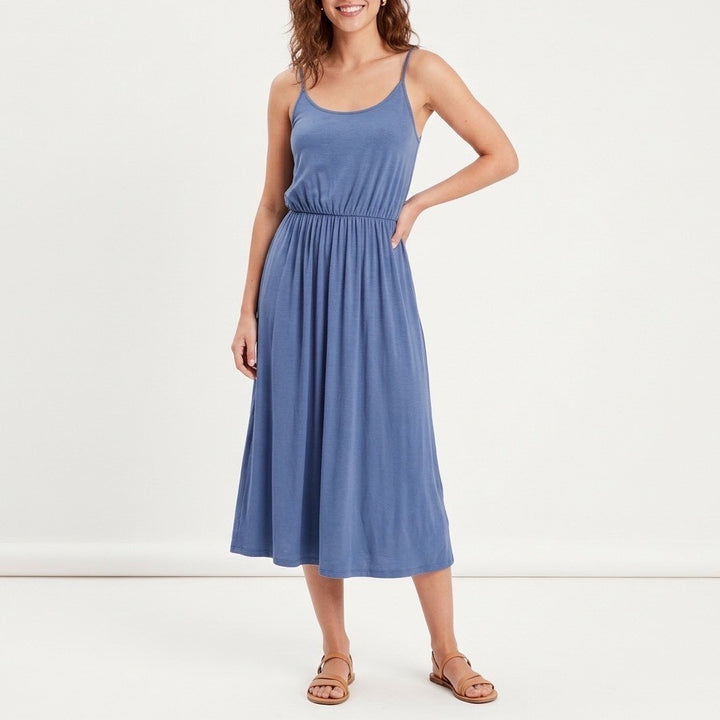 Olivia Rae Maxi Dress Womens Medium Blue Rayon Elastic Waist Spaghetti Strap