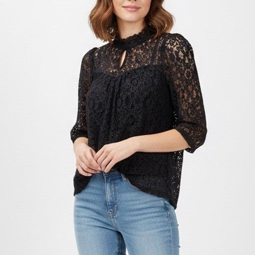 MONTEAU Black Lace 3/4 Sleeve Keyhole Neck Top Size M