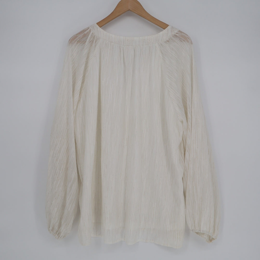 Blouse Womens 2XL Ivory Satin Pleated Long Sleeve Slid Split Split-Neck Pullover
