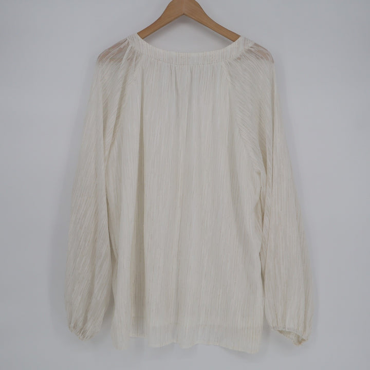 Blouse Womens 2XL Ivory Satin Pleated Long Sleeve Slid Split Split-Neck Pullover