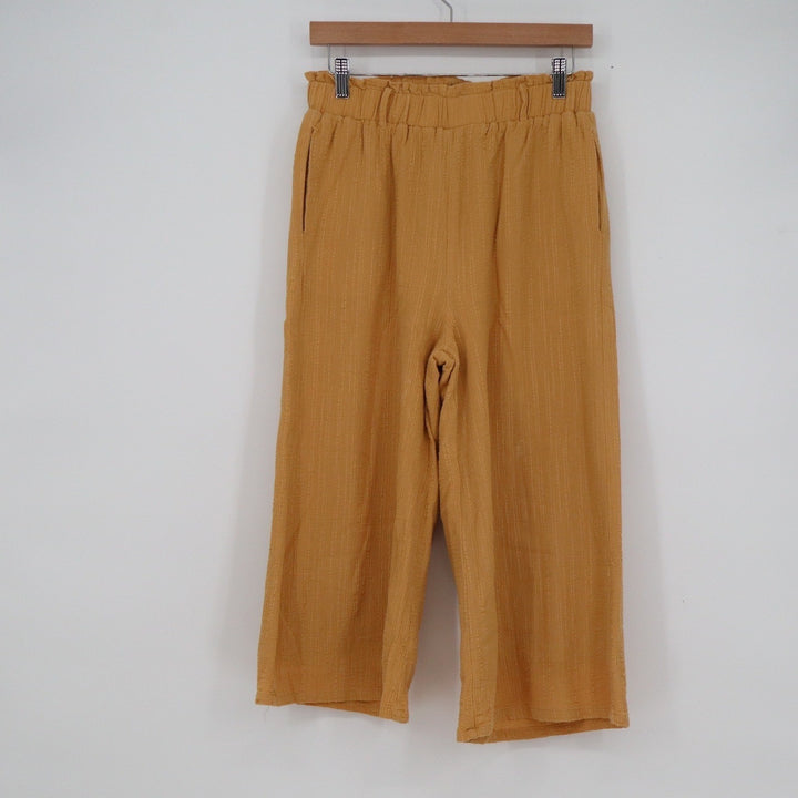 Lush Mustard Yellow Textured Wide Leg Crop Pants Elastic Waist Small
