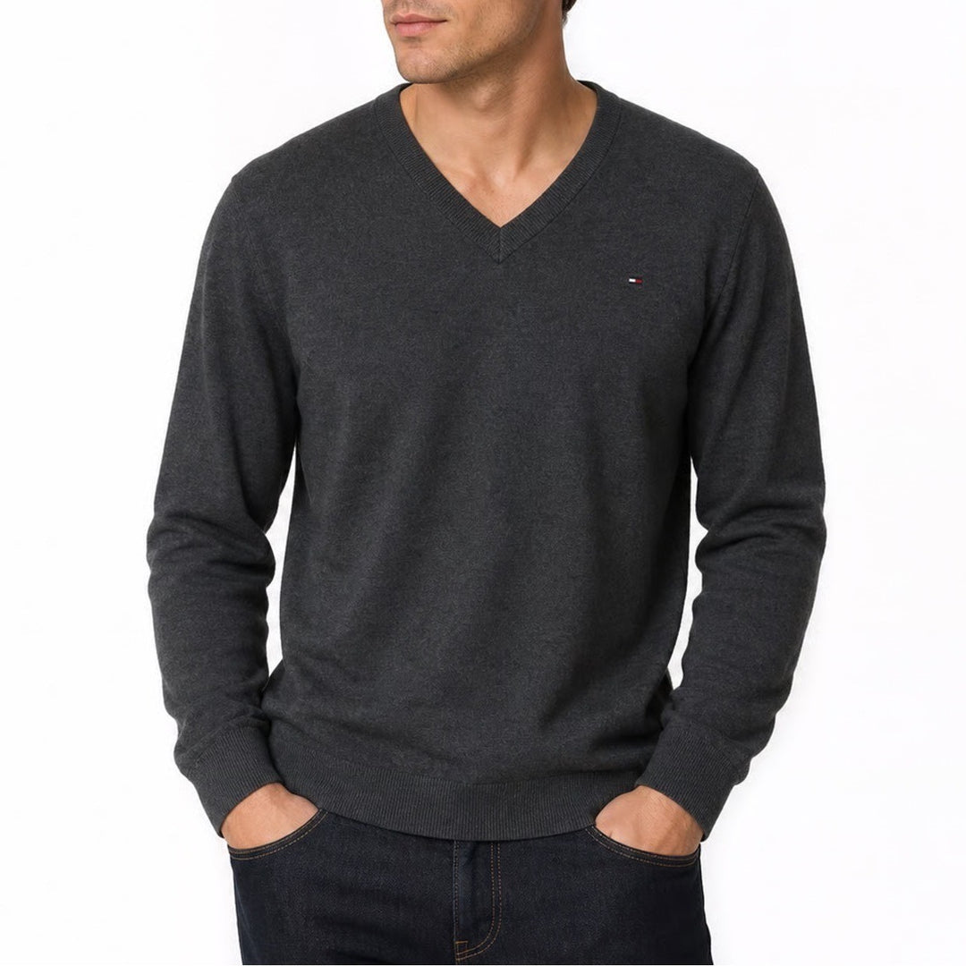 Tommy Hilfiger Mens XL V-Neck Sweater Charcoal Grey Cotton Blend