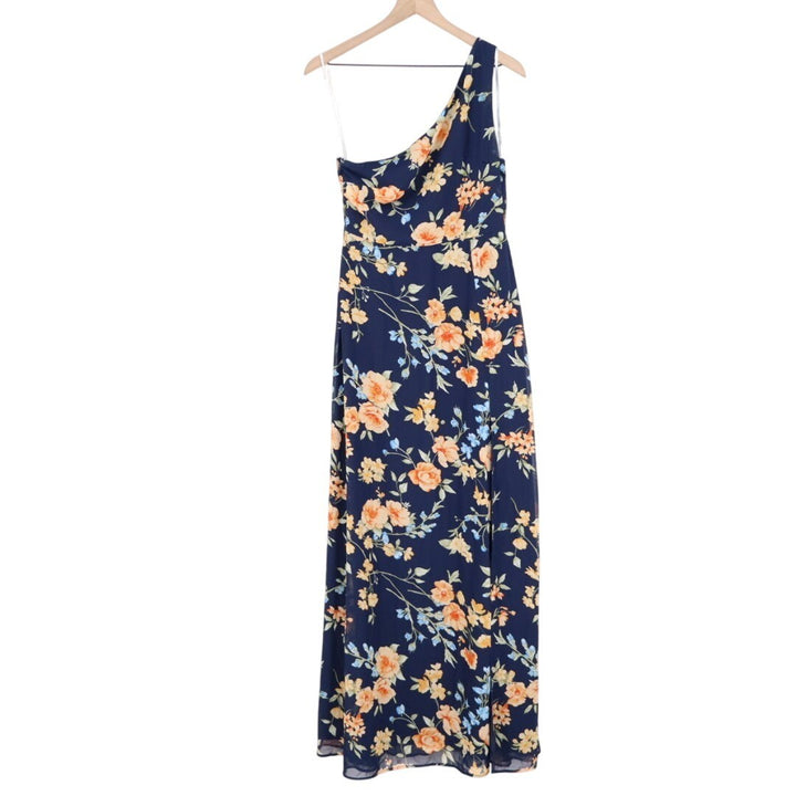 Lulus Elegant Admiration One Shoulder Maxi Dress Womens Medium Navy Blue Floral
