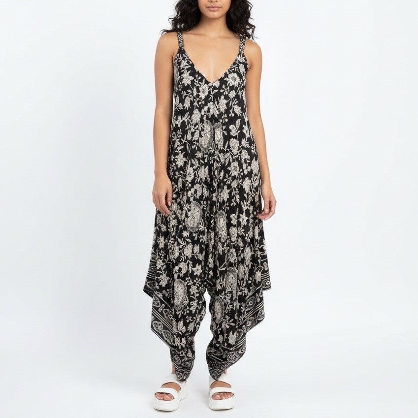 ANGIE Black Cream Floral Print Rayon Midi Dress HALTER STYLE
