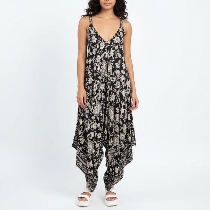 ANGIE Black Cream Floral Print Rayon Midi Dress HALTER STYLE