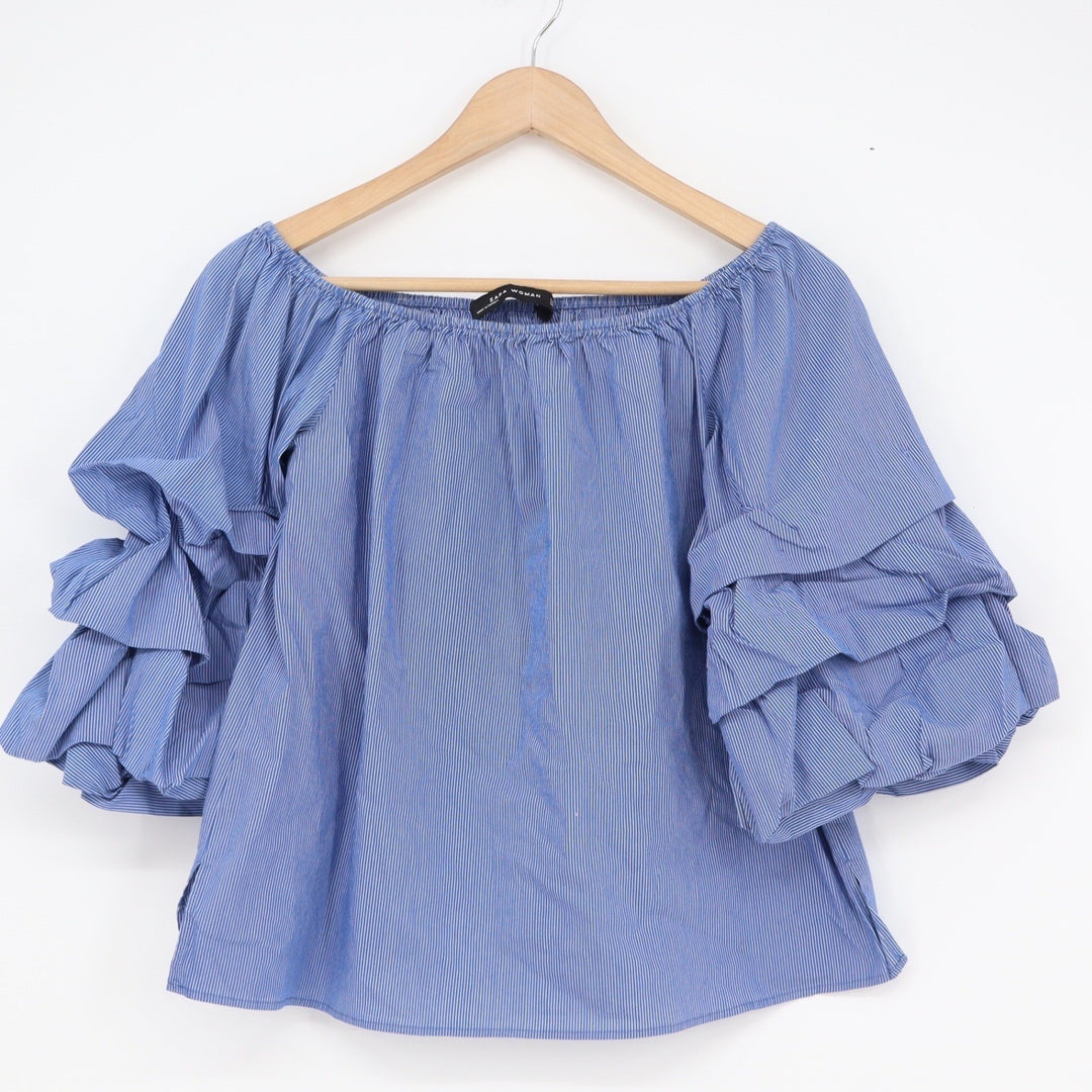 Zara Woman Blue White Pinstripe Off Shoulder Tiered Ruffle Sleeve Blouse XS